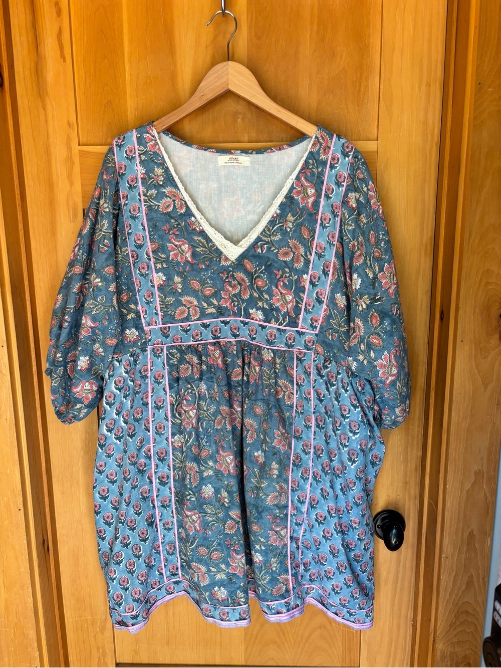 eShakti Artisanal Collection Boho Floral Prairie Dress Blue Pink Cottagecore XL